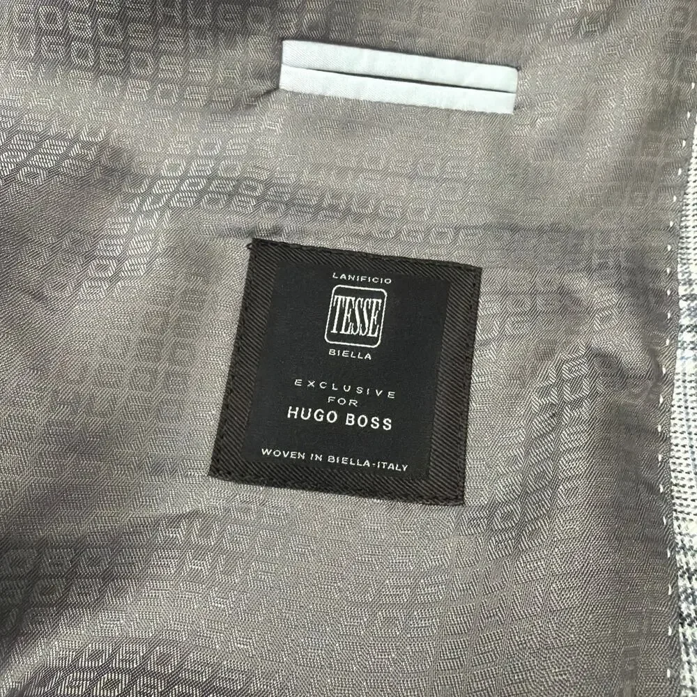 Hugo Boss Mens Blazer 42L Wool Gray Plaid Jacket Italy